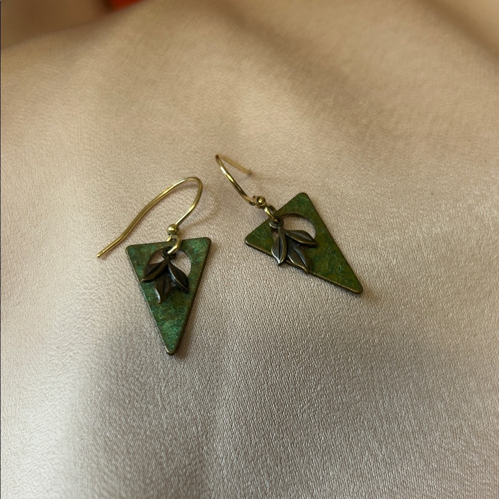 Green Triangle Drop Earrings with Leaf Accent